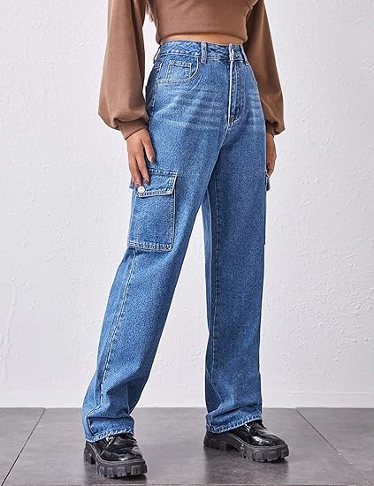 Women's High Waist Flap Pocket Denim Pants