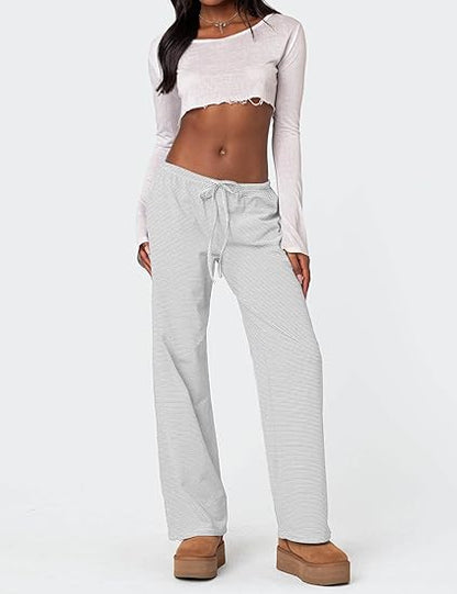 Women's Wide Leg Striped Casual Drawstring Pants