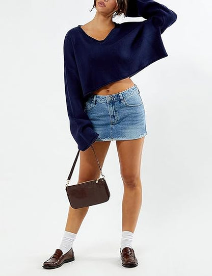 Women's Cashmere Lightweight V-Neck Cropped Sweater