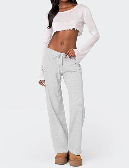 Women's Wide Leg Striped Casual Drawstring Pants