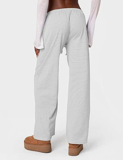 Women's Wide Leg Striped Casual Drawstring Pants