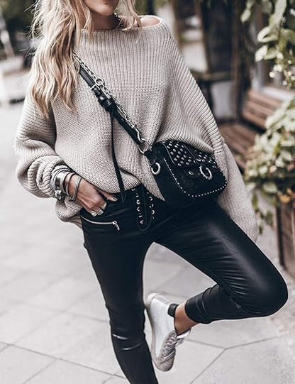 Women's Oversized Batwing Sleeve Stand Collar Pullover Sweater