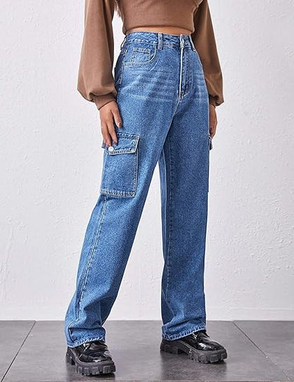 Women's High Waist Flap Pocket Denim Pants