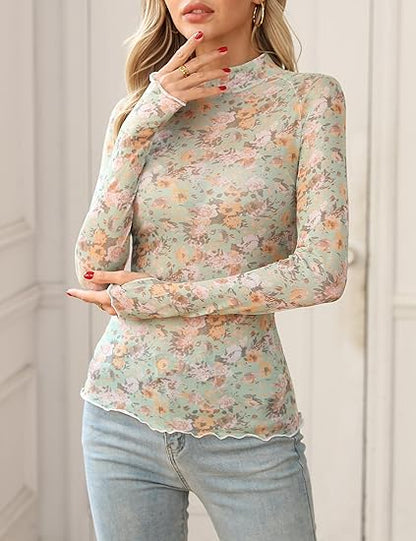 Women's Lace Long Sleeve Mesh Top Floral Stand Collar Top