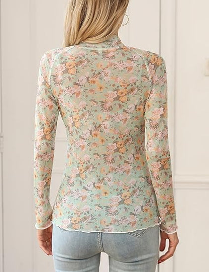 Women's Lace Long Sleeve Mesh Top Floral Stand Collar Top