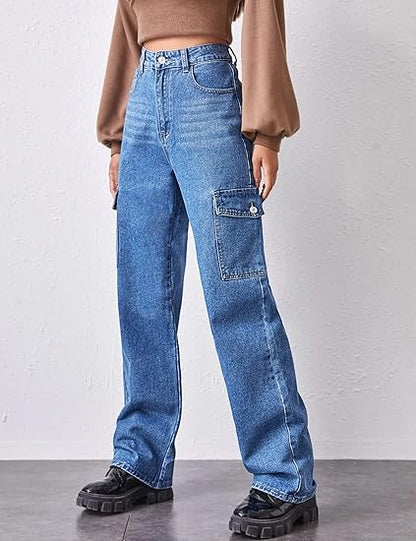 Women's High Waist Flap Pocket Denim Pants