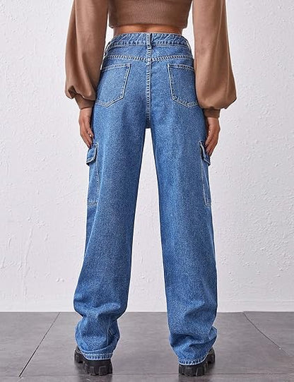 Women's High Waist Flap Pocket Denim Pants
