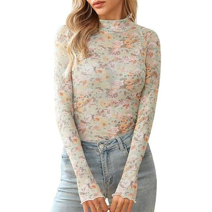 Women's Lace Long Sleeve Mesh Top Floral Stand Collar Top